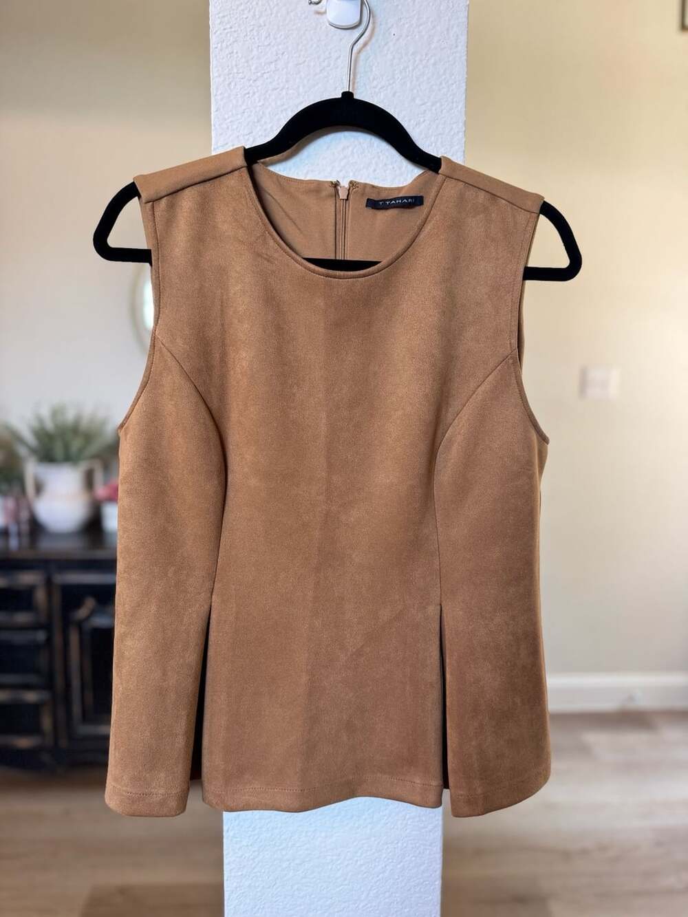 T Tahari Faux Suede Peplum Sleeveless Top Brown